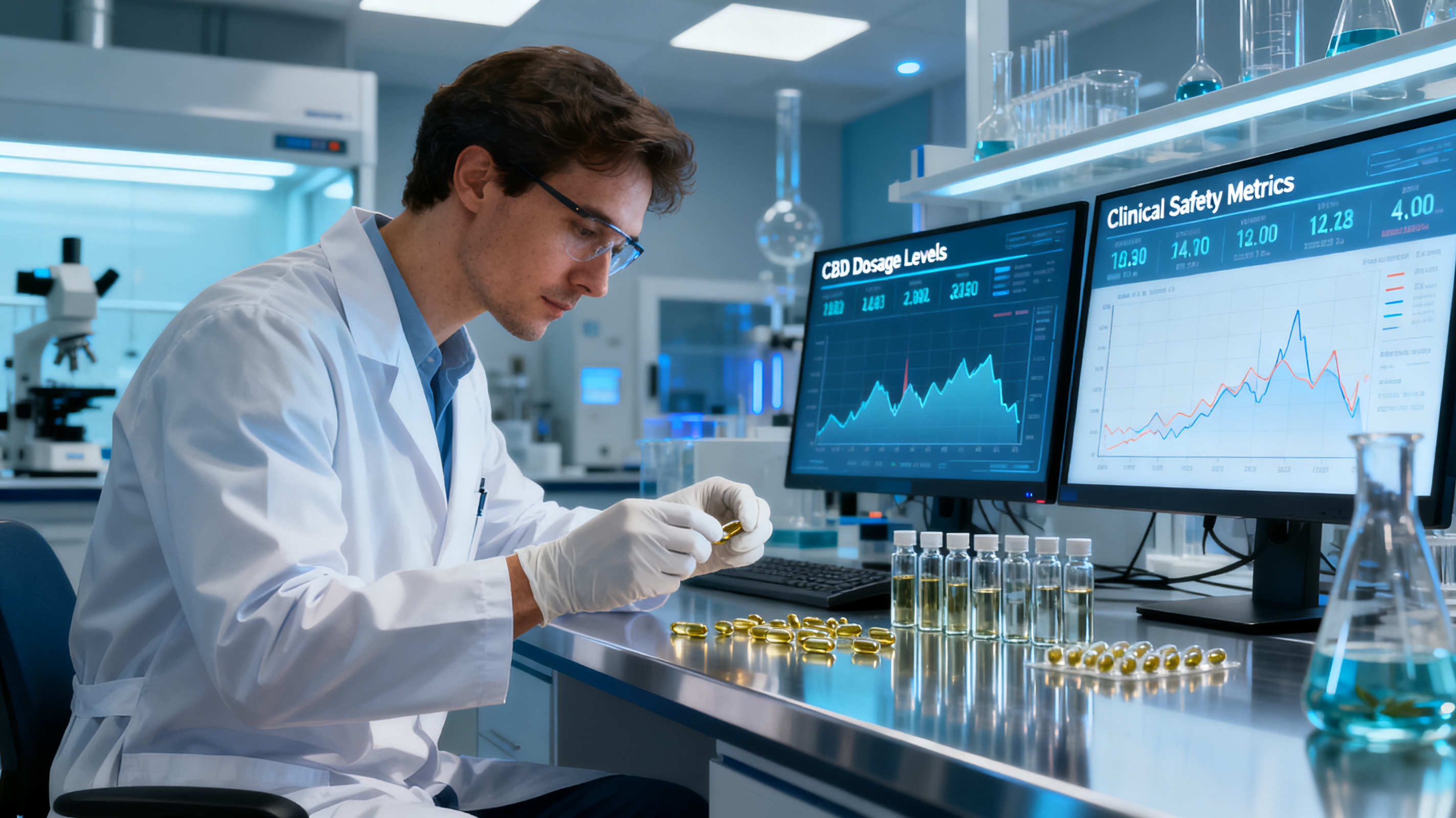Persona sosteniendo una cápsula junto a una botella de aceite CBD